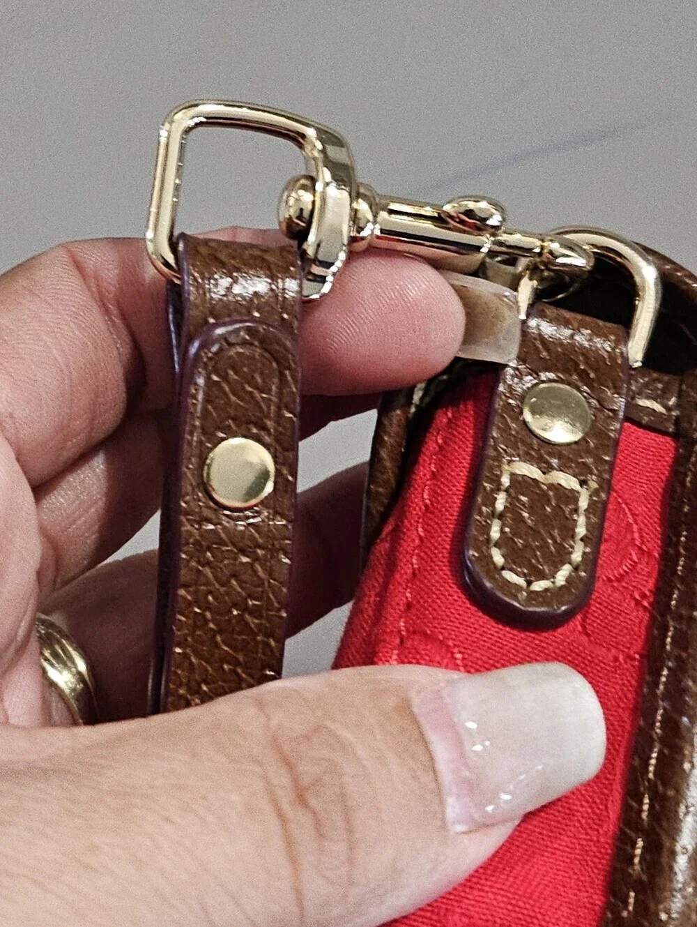 Dooney & Bourke Red Monogram Wristlet Pouch Brown Trim Smal Clutch Wallet.